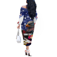 United States and American Samoa Off The Shoulder Long Sleeve Dress Bald Eagle Rose and Hibiscus Flower