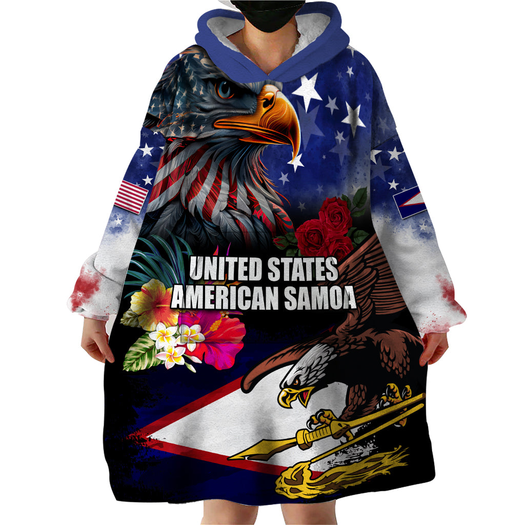 United States and American Samoa Wearable Blanket Hoodie Bald Eagle Rose and Hibiscus Flower