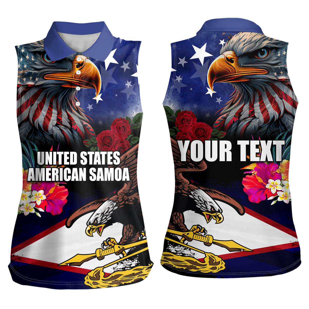 Personalised United States and American Samoa Women Sleeveless Polo Shirt Bald Eagle Rose and Hibiscus Flower LT03 - Polynesian Pride