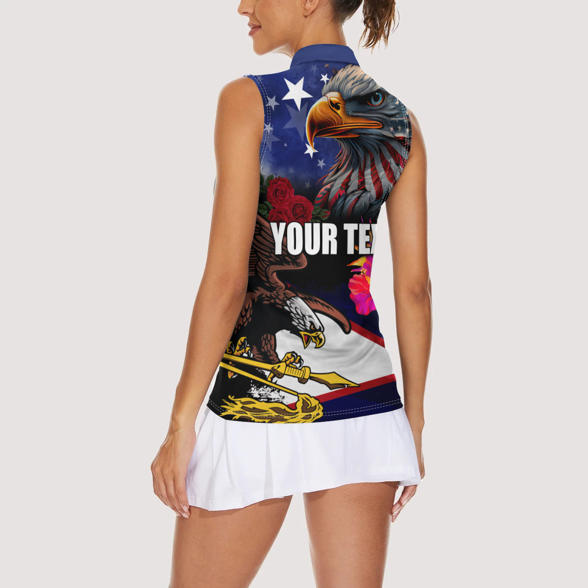 Personalised United States and American Samoa Women Sleeveless Polo Shirt Bald Eagle Rose and Hibiscus Flower LT03 - Polynesian Pride
