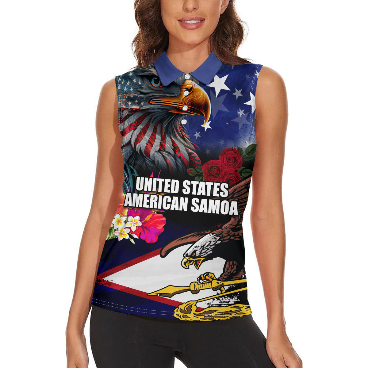 Personalised United States and American Samoa Women Sleeveless Polo Shirt Bald Eagle Rose and Hibiscus Flower LT03 - Polynesian Pride