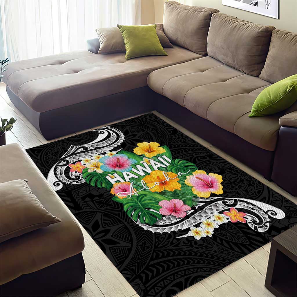 Hawaii Aloha Tropical Leaves and Flower Area Rug with Polynesian Art Tattoo Black Color - Polynesian Pride