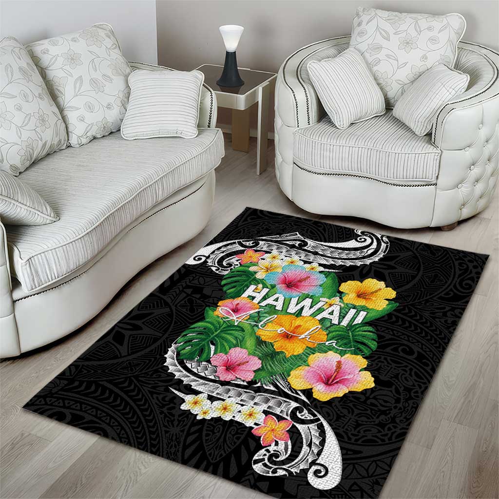 Hawaii Aloha Tropical Leaves and Flower Area Rug with Polynesian Art Tattoo Black Color - Polynesian Pride