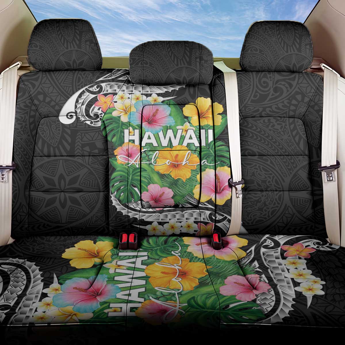 Hawaii Aloha Tropical Leaves and Flower Back Car Seat Cover with Polynesian Art Tattoo Black Color - Polynesian Pride