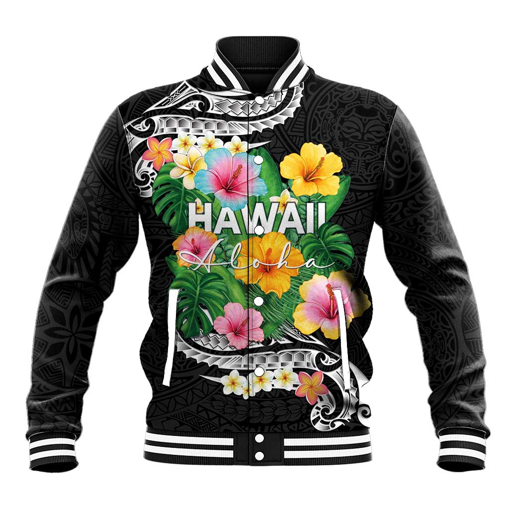 Hawaii Aloha Tropical Leaves and Flower Baseball Jacket with Polynesian Art Tattoo Black Color - Polynesian Pride