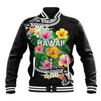 Hawaii Aloha Tropical Leaves and Flower Baseball Jacket with Polynesian Art Tattoo Black Color - Polynesian Pride