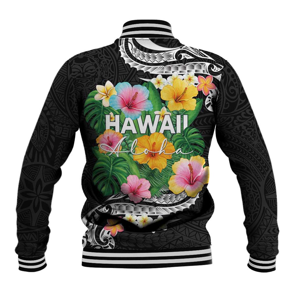 Hawaii Aloha Tropical Leaves and Flower Baseball Jacket with Polynesian Art Tattoo Black Color - Polynesian Pride