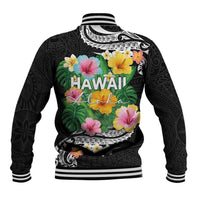 Hawaii Aloha Tropical Leaves and Flower Baseball Jacket with Polynesian Art Tattoo Black Color - Polynesian Pride