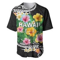 Hawaii Aloha Tropical Leaves and Flower Baseball Jersey with Polynesian Art Tattoo Black Color LT03 Black - Polynesian Pride