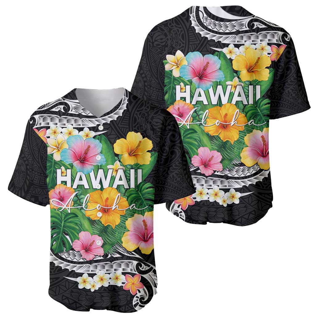 Hawaii Aloha Tropical Leaves and Flower Baseball Jersey with Polynesian Art Tattoo Black Color LT03 - Polynesian Pride