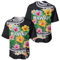 Hawaii Aloha Tropical Leaves and Flower Baseball Jersey with Polynesian Art Tattoo Black Color LT03 - Polynesian Pride