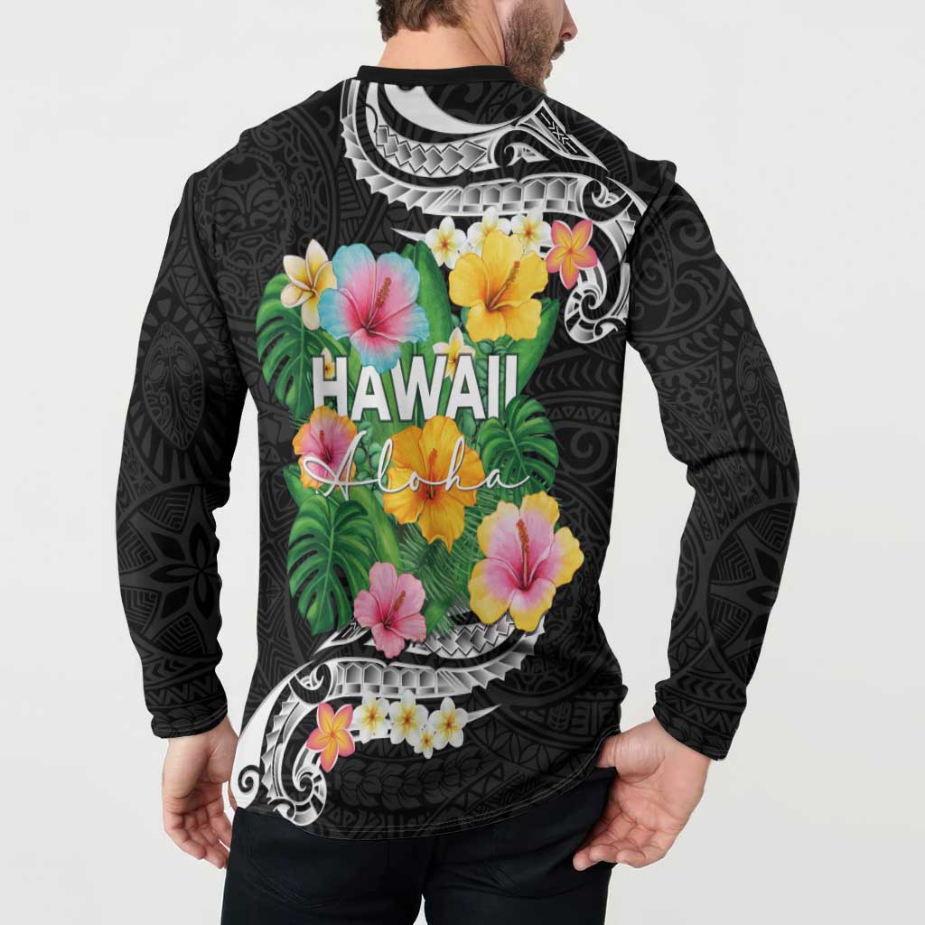 Hawaii Aloha Tropical Leaves and Flower Button Sweatshirt with Polynesian Art Tattoo Black Color - Polynesian Pride