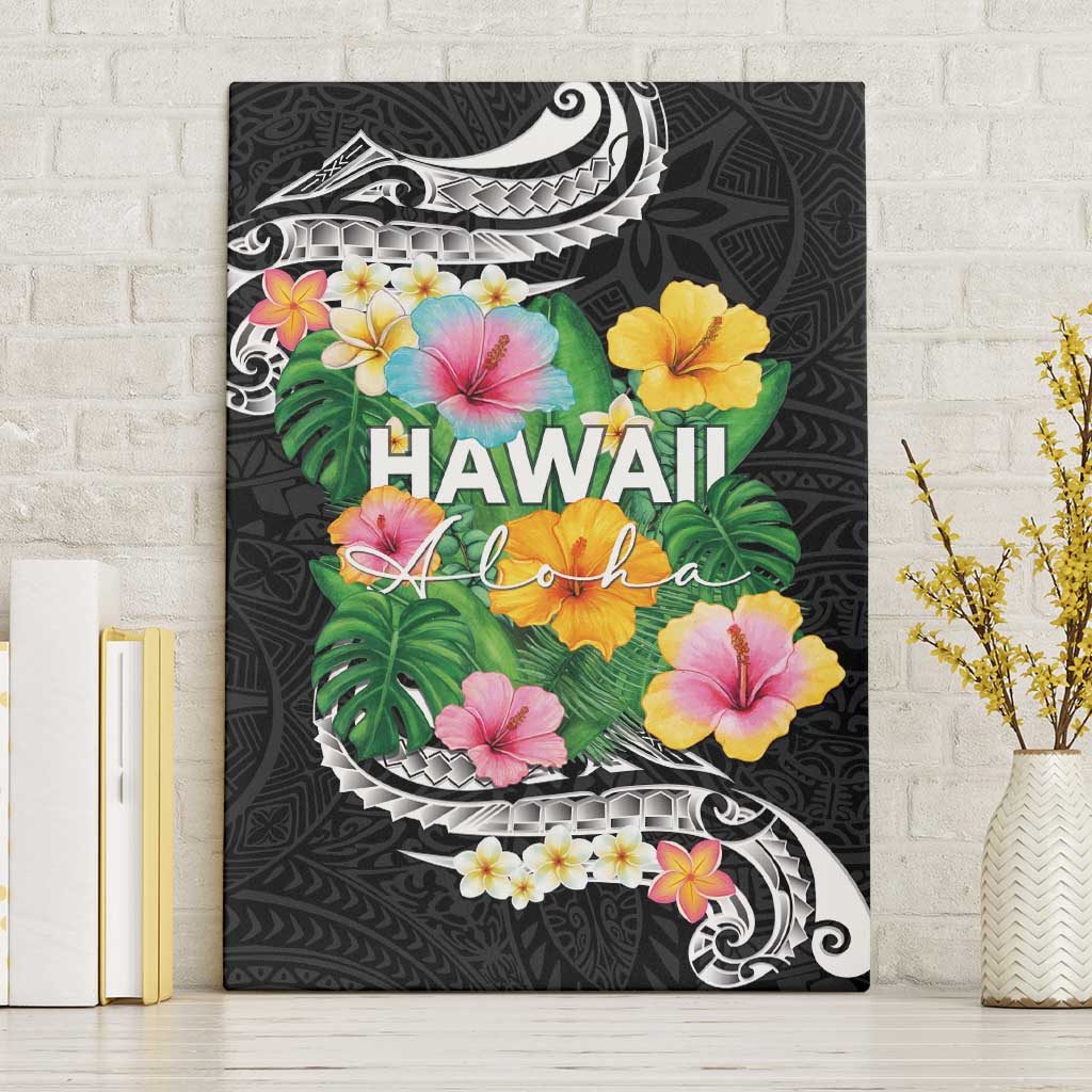 Hawaii Aloha Tropical Leaves and Flower Canvas Wall Art with Polynesian Art Tattoo Black Color - Polynesian Pride