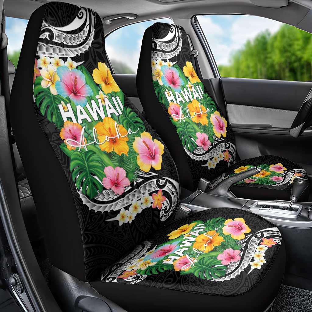 Hawaii Aloha Tropical Leaves and Flower Car Seat Cover with Polynesian Art Tattoo Black Color - Polynesian Pride