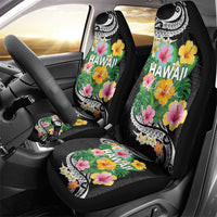 Hawaii Aloha Tropical Leaves and Flower Car Seat Cover with Polynesian Art Tattoo Black Color - Polynesian Pride
