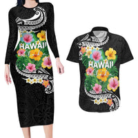 Hawaii Aloha Tropical Leaves and Flower Couples Matching Long Sleeve Bodycon Dress and Hawaiian Shirt with Polynesian Art Tattoo Black Color - Polynesian Pride