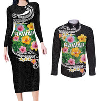 Hawaii Aloha Tropical Leaves and Flower Couples Matching Long Sleeve Bodycon Dress and Long Sleeve Button Shirt with Polynesian Art Tattoo Black Color - Polynesian Pride