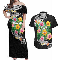 Hawaii Aloha Tropical Leaves and Flower Couples Matching Off Shoulder Maxi Dress and Hawaiian Shirt with Polynesian Art Tattoo Black Color - Polynesian Pride