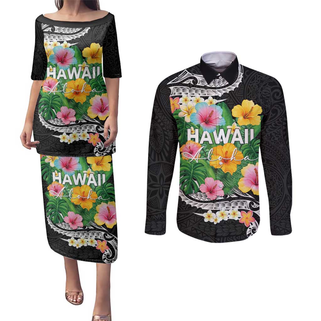 Hawaii Aloha Tropical Leaves and Flower Couples Matching Puletasi and Long Sleeve Button Shirt with Polynesian Art Tattoo Black Color - Polynesian Pride