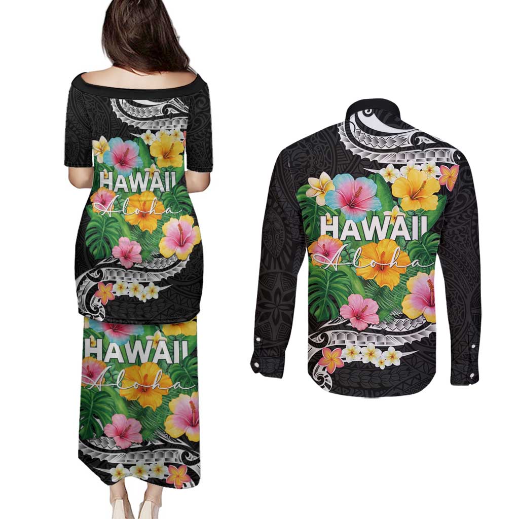 Hawaii Aloha Tropical Leaves and Flower Couples Matching Puletasi and Long Sleeve Button Shirt with Polynesian Art Tattoo Black Color LT03 - Polynesian Pride