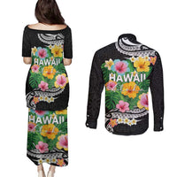 Hawaii Aloha Tropical Leaves and Flower Couples Matching Puletasi and Long Sleeve Button Shirt with Polynesian Art Tattoo Black Color LT03 - Polynesian Pride