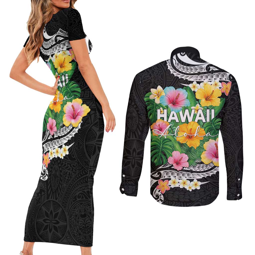 Hawaii Aloha Tropical Leaves and Flower Couples Matching Short Sleeve Bodycon Dress and Long Sleeve Button Shirt with Polynesian Art Tattoo Black Color - Polynesian Pride