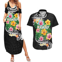Hawaii Aloha Tropical Leaves and Flower Couples Matching Summer Maxi Dress and Hawaiian Shirt with Polynesian Art Tattoo Black Color - Polynesian Pride