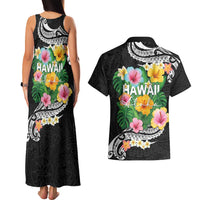Hawaii Aloha Tropical Leaves and Flower Couples Matching Tank Maxi Dress and Hawaiian Shirt with Polynesian Art Tattoo Black Color - Polynesian Pride
