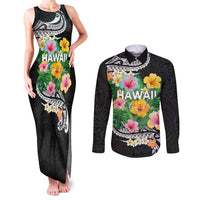 Hawaii Aloha Tropical Leaves and Flower Couples Matching Tank Maxi Dress and Long Sleeve Button Shirt with Polynesian Art Tattoo Black Color - Polynesian Pride