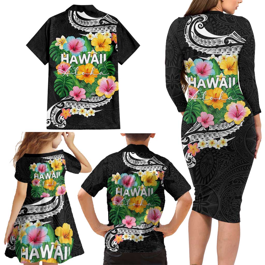 Hawaii Aloha Tropical Leaves and Flower Family Matching Long Sleeve Bodycon Dress and Hawaiian Shirt with Polynesian Art Tattoo Black Color - Polynesian Pride