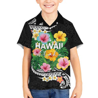 Hawaii Aloha Tropical Leaves and Flower Family Matching Long Sleeve Bodycon Dress and Hawaiian Shirt with Polynesian Art Tattoo Black Color - Polynesian Pride