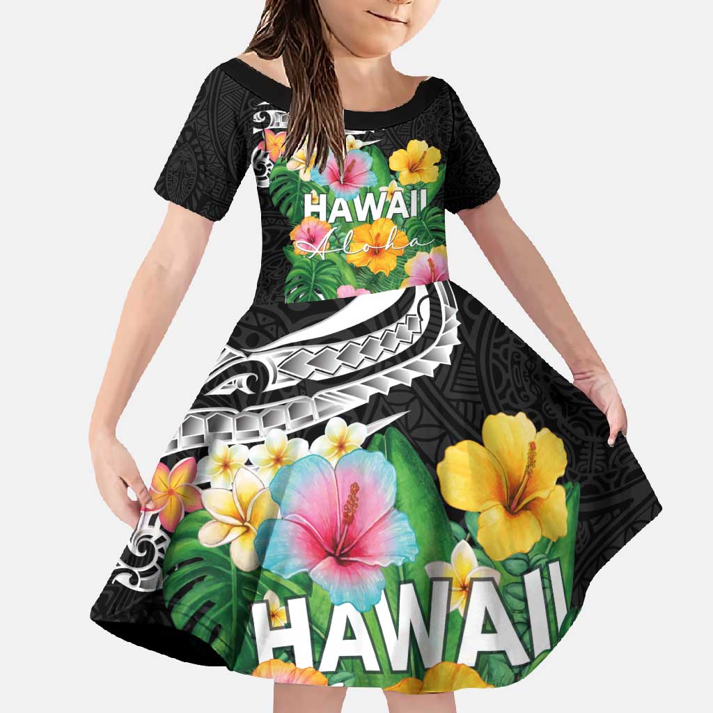 Hawaii Aloha Tropical Leaves and Flower Family Matching Mermaid Dress and Hawaiian Shirt with Polynesian Art Tattoo Black Color - Polynesian Pride