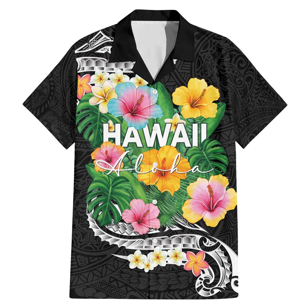 Hawaii Aloha Tropical Leaves and Flower Family Matching Mermaid Dress and Hawaiian Shirt with Polynesian Art Tattoo Black Color - Polynesian Pride