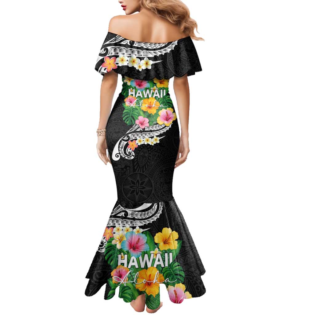 Hawaii Aloha Tropical Leaves and Flower Family Matching Mermaid Dress and Hawaiian Shirt with Polynesian Art Tattoo Black Color - Polynesian Pride