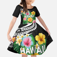 Hawaii Aloha Tropical Leaves and Flower Family Matching Off Shoulder Maxi Dress and Hawaiian Shirt with Polynesian Art Tattoo Black Color - Polynesian Pride