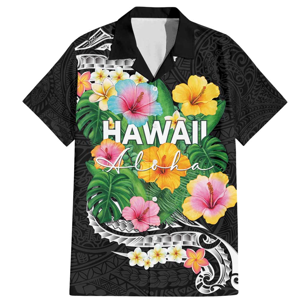 Hawaii Aloha Tropical Leaves and Flower Family Matching Off Shoulder Short Dress and Hawaiian Shirt with Polynesian Art Tattoo Black Color - Polynesian Pride