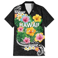 Hawaii Aloha Tropical Leaves and Flower Family Matching Off Shoulder Short Dress and Hawaiian Shirt with Polynesian Art Tattoo Black Color - Polynesian Pride
