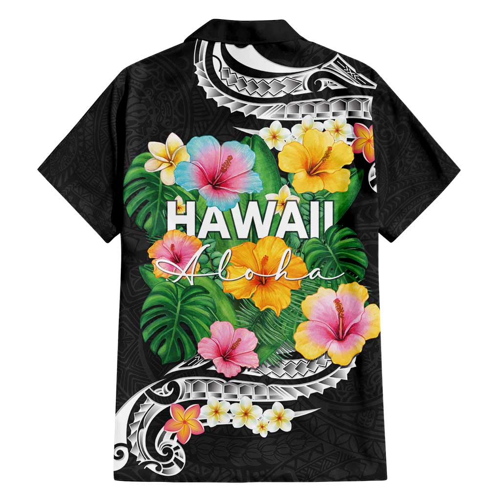 Hawaii Aloha Tropical Leaves and Flower Family Matching Off Shoulder Short Dress and Hawaiian Shirt with Polynesian Art Tattoo Black Color - Polynesian Pride