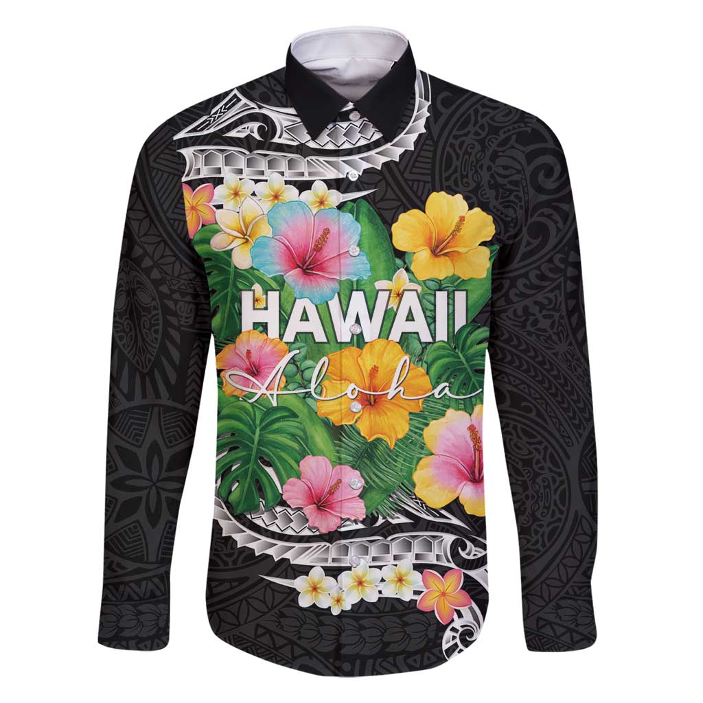Hawaii Aloha Tropical Leaves and Flower Family Matching Off Shoulder Short Dress and Hawaiian Shirt with Polynesian Art Tattoo Black Color - Polynesian Pride