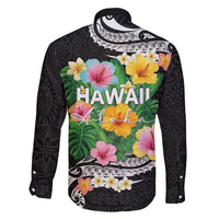 Hawaii Aloha Tropical Leaves and Flower Family Matching Off Shoulder Short Dress and Hawaiian Shirt with Polynesian Art Tattoo Black Color - Polynesian Pride
