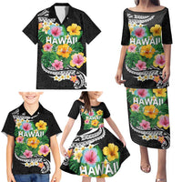 Hawaii Aloha Tropical Leaves and Flower Family Matching Puletasi and Hawaiian Shirt with Polynesian Art Tattoo Black Color LT03 - Polynesian Pride