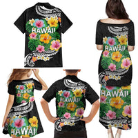 Hawaii Aloha Tropical Leaves and Flower Family Matching Puletasi and Hawaiian Shirt with Polynesian Art Tattoo Black Color LT03 - Polynesian Pride