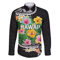 Hawaii Aloha Tropical Leaves and Flower Family Matching Puletasi and Hawaiian Shirt with Polynesian Art Tattoo Black Color LT03 Dad's Shirt - Long Sleeve Black - Polynesian Pride