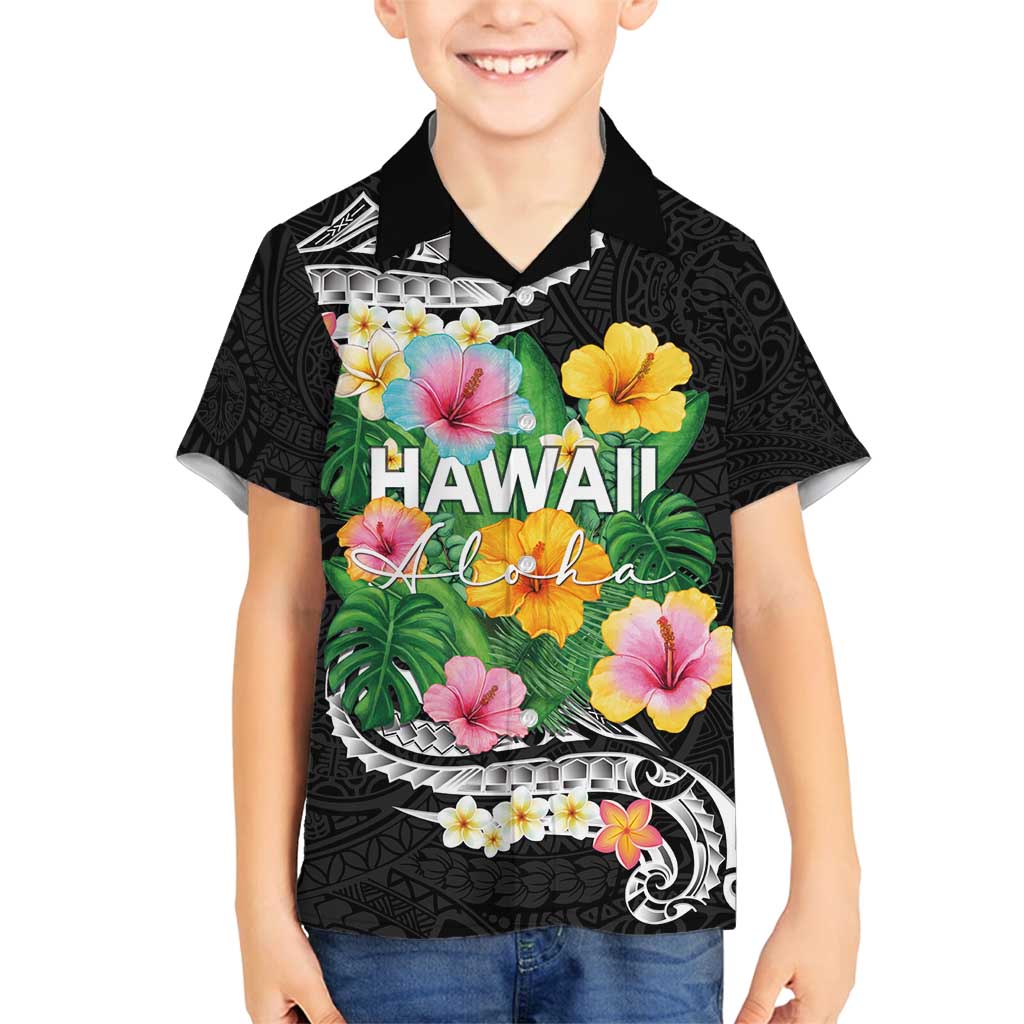 Hawaii Aloha Tropical Leaves and Flower Family Matching Puletasi and Hawaiian Shirt with Polynesian Art Tattoo Black Color LT03 Son's Shirt Black - Polynesian Pride