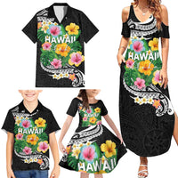 Hawaii Aloha Tropical Leaves and Flower Family Matching Summer Maxi Dress and Hawaiian Shirt with Polynesian Art Tattoo Black Color - Polynesian Pride