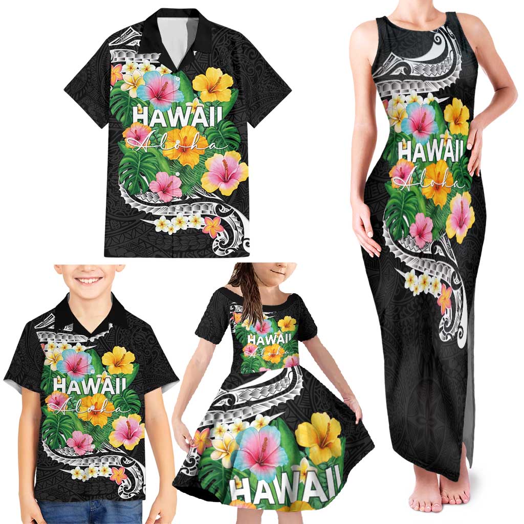 Hawaii Aloha Tropical Leaves and Flower Family Matching Tank Maxi Dress and Hawaiian Shirt with Polynesian Art Tattoo Black Color - Polynesian Pride