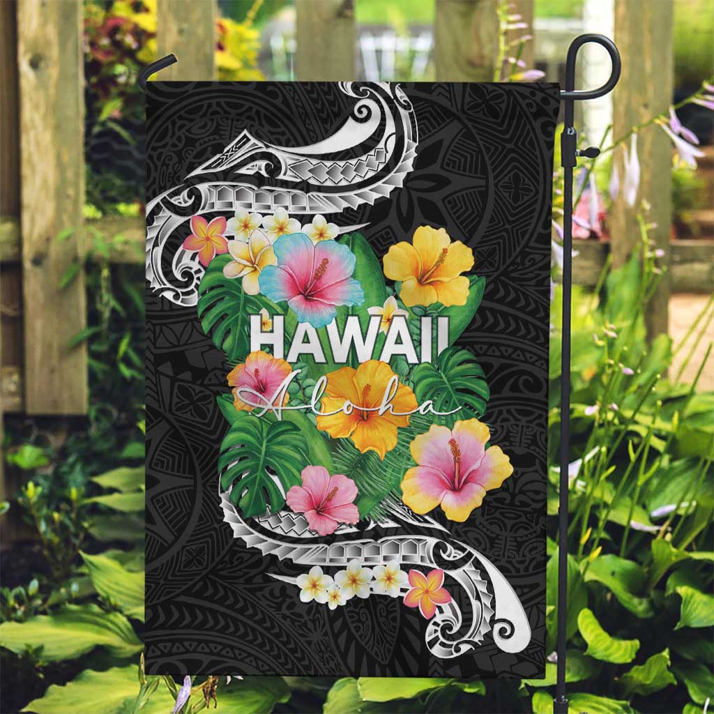 Hawaii Aloha Tropical Leaves and Flower Garden Flag with Polynesian Art Tattoo Black Color - Polynesian Pride