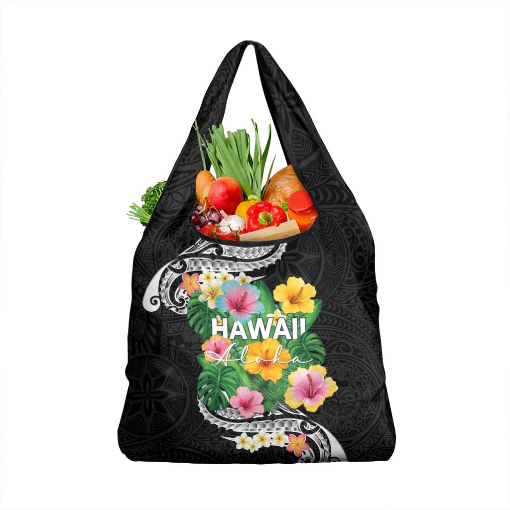 Hawaii Aloha Tropical Leaves and Flower Grocery Bag with Polynesian Art Tattoo Black Color - Polynesian Pride