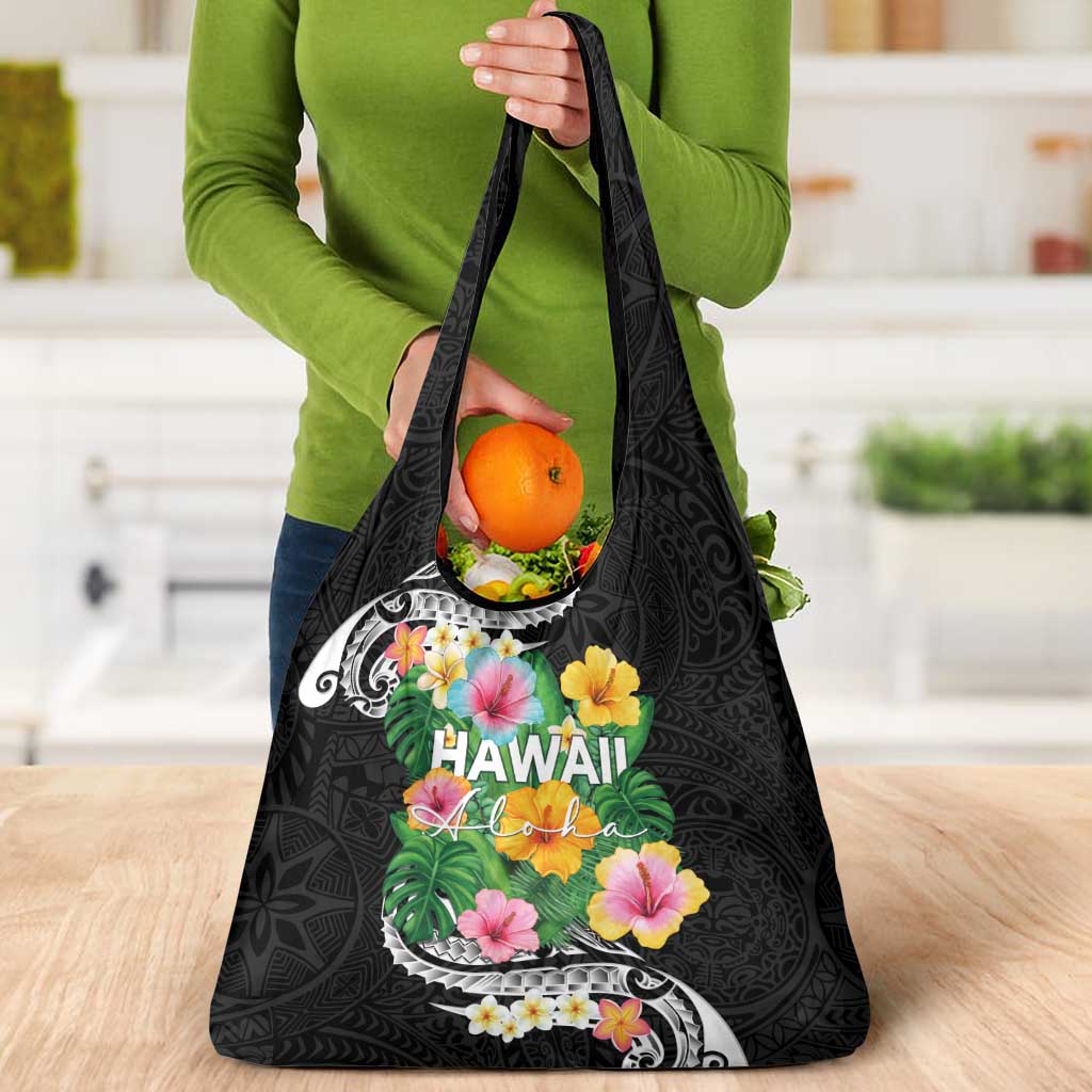 Hawaii Aloha Tropical Leaves and Flower Grocery Bag with Polynesian Art Tattoo Black Color - Polynesian Pride