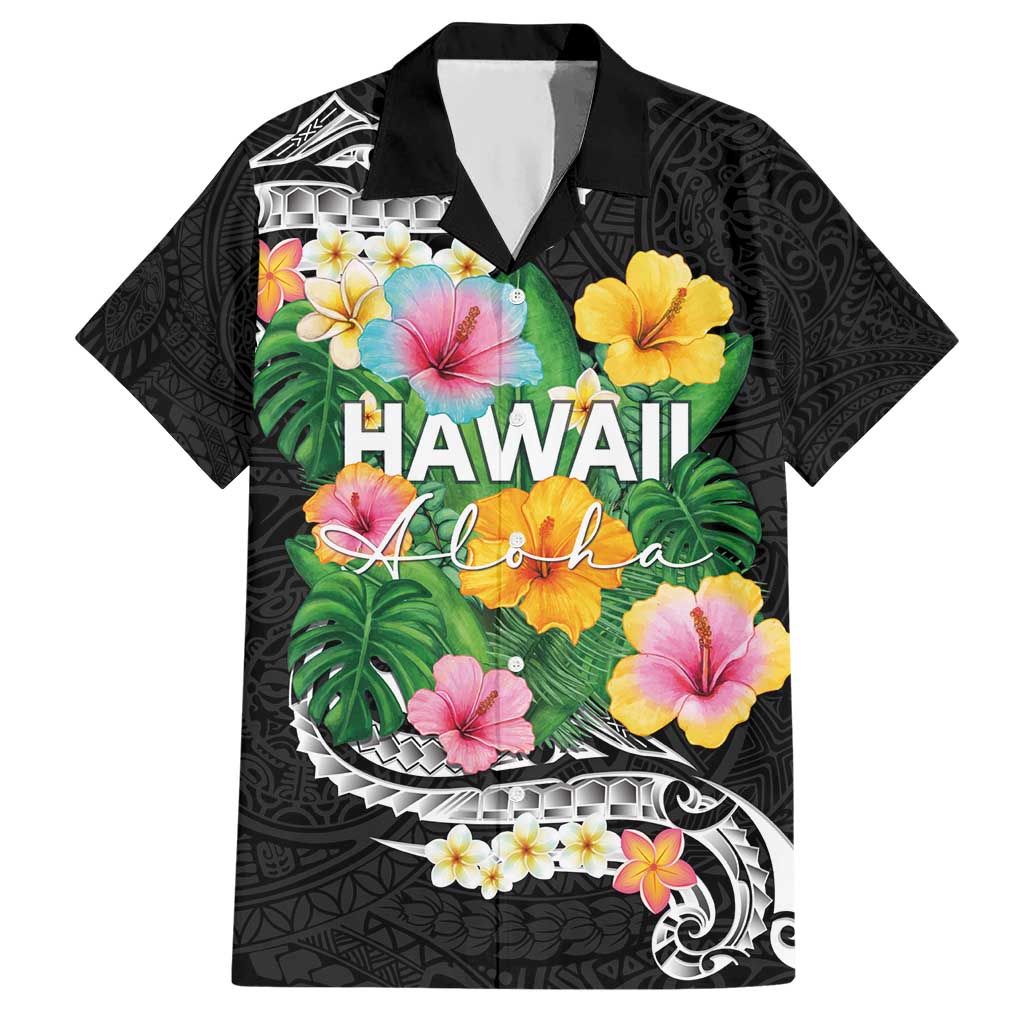 Hawaii Aloha Tropical Leaves and Flower Hawaiian Shirt with Polynesian Art Tattoo Black Color - Polynesian Pride